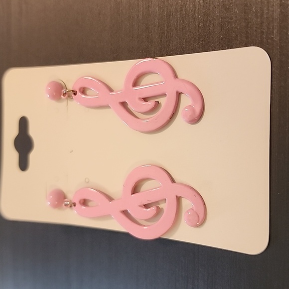 Pink Musical Treble Clef Metallic Dangle Earrings Post - Picture 5 of 5